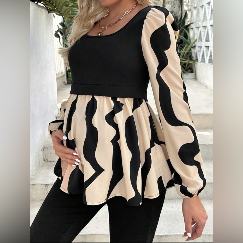 SHEIN Maternity Black and Cream Patterned Blouse